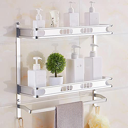 Estantería de baño Sin taladrar Estante de Ducha con toallero Estantes de Ducha Montado en la Pared con Gancho Adhesivo Espacio Aluminio para baño Inodoro-Plata_2 Piso 49.5cm