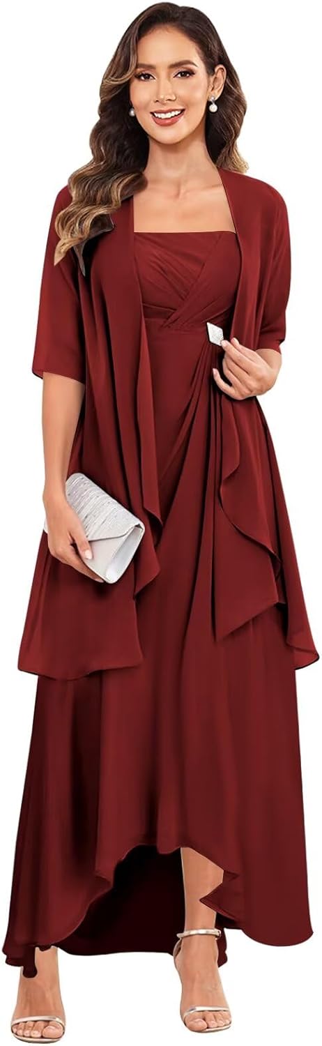 2 Pieces Mother of The Bride Dresses with Jacket Tea Length Half Sleeve Chiffon Pleated Formal Evening Dress