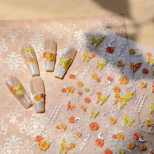 Image of Orange Nail Stickers Butterfly Flower Nail Art Decals 5D Embossed Slf Adhesive with Design Nails Charms for Women Girls Kid Manicure DIY Decoration