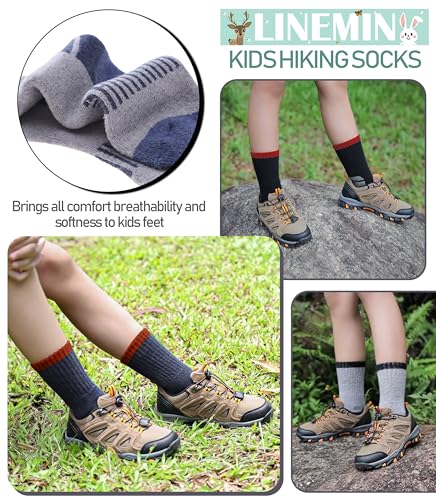LINEMIN Kids Merino Wool Hiking Socks Toddlers Boys Girls Winter Warm Thick Thermal Boot Cushion Crew Socks 6 Pairs3