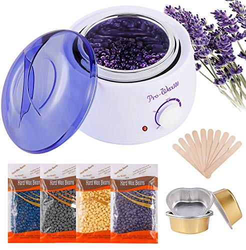 Wax Warmer, Hair Removal Home Waxing Kit with 4 packs Hard Wax Beans and 10 Wax Applicator Sticks for Full Body, Legs, Face, Eyebrows, Bikini Women Men Painless At Home Waxing(white)
