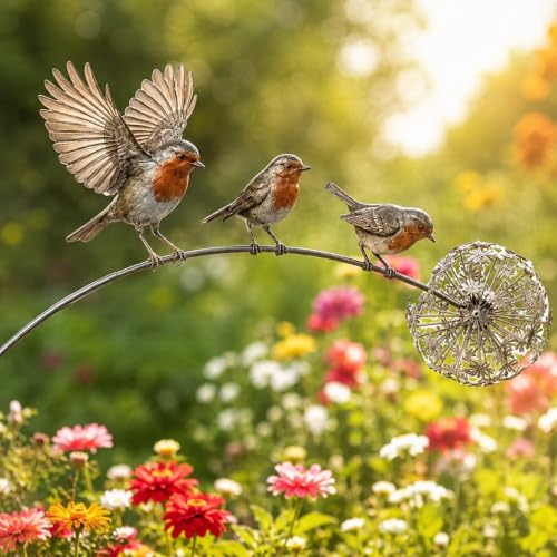 Robin Garden Stake Rustic Robin Bird Yard Art Decorations with Dandelion Accent Metal Robin Memorial Garden Ornament Sculpture for Lawn Patio Flower Bed and Backyard Memorial Gift (1pcs)