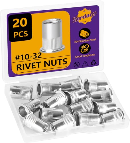 #10-32 Rivet Nut, 20PCS Rivnut Nutsert 304 Stainless Steel Rivets Flat Head Rivnut Threaded Insert Nuts Assortment for Furniture, Automotive and Industrial Applications (#10-32)