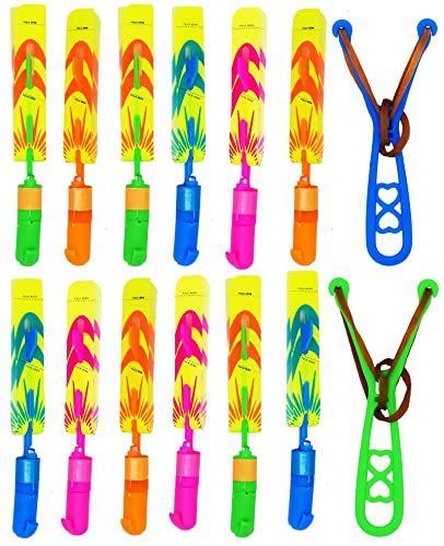JX 12 Piece Rocket Helicopters with LED Lights for Kids-12 Slingshot Helicopters and 2 Handle, Amazing Arrow Helicopter Glow in The Dark Party Supplies for Kids