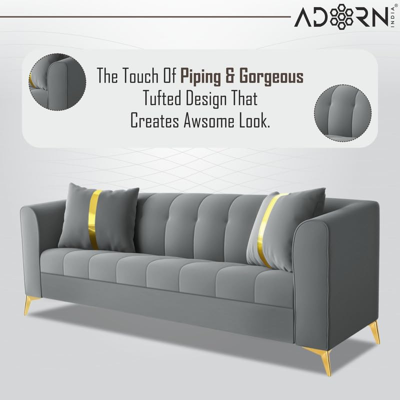 Image of Adorn India Premium Mystic - 3 Years Warranty - 3 Seater Sofa Velvet Suede Fabric - Grey