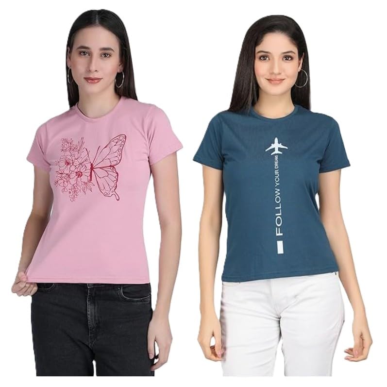 Image of Women's Slim Fit Graphic Printed T-Shirt | Soft 100% Cotton Fabric | Round Neck Half Sleeve Casual Top, Travel & College Pack of 2 Set