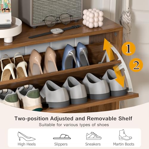 Shoe Storage Cabinet for Entryway with 2 Flip Drawers, Narrow Wood Shoe Cabinet with Fluted Panel, Freestanding Hidden Shoe Organizer for Foyer, Hallway (Walnut)