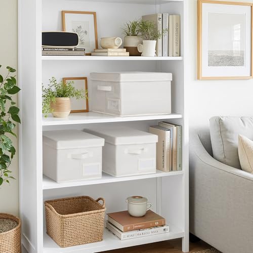 Image of GRANNY SAYS Storage Baskets for Organizing, Linen Closet Shelf Organizers and Storage Containers with Label Holder, Large Storage Bins with Lids for Bedroom, Ivory, 3-Pack