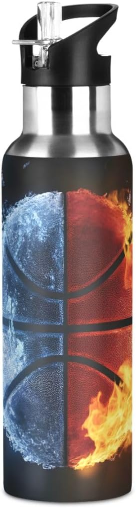 Watercolor Burning Basketball Water Bottle with Straw Lid, Stainless Steel Water Cup for 20 Oz Hot Cold Drinks