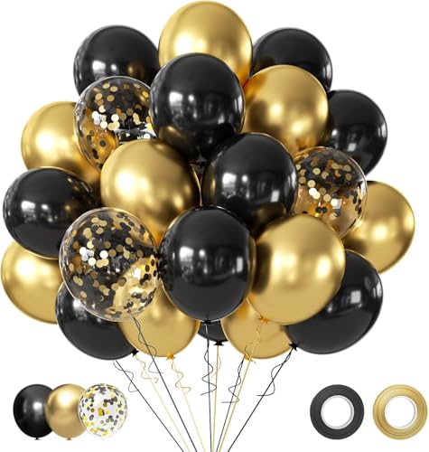 Image of 50 pcs Black and Metallic Gold Balloons 12 Inch Black and Gold Confetti Balloon Party Decorations for Birthday,Graduation,New Years,Wedding,Engagement Anniversary Party Decorations