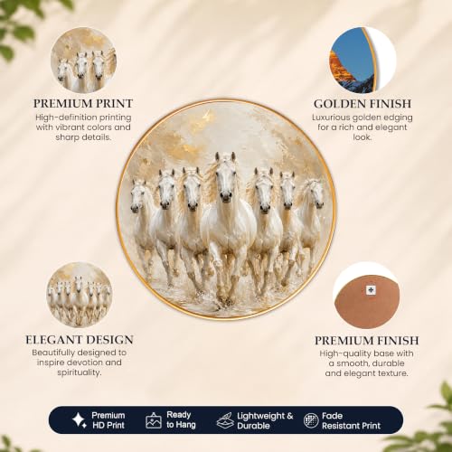 Image of PAINTINGMANTRA 7 Running White Horses Wall Art Painting with Frame for Living Room, Vastu Seven Horse Round Framed Painting for Home Office Bedroom, 23 Inch