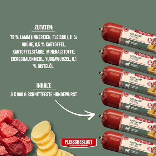 Fleischeslust Hundewurst, Pures Lamm mit Kartoffel als Futterbox (8x400g), Sensitive Nassfutter-Wurst schnittfest & getreidefrei, Hundefutter für ausgewachsene Hunde