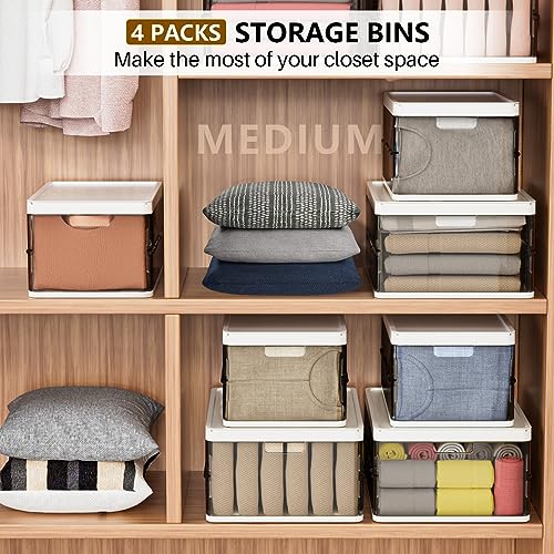 SNSLXH 18 Qt, 4 Pack Stackable Plastic Storage Bins with 2 lid, Foldable Closet Organizers Storage Box, Drawer Organizers for Clothes, Toys, Clear with Black (Plastic)