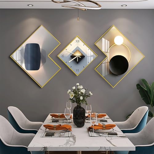 Homary 3-Piece Modern Geometric Wall Clock Set, Canvas Painting Wall Clocks Gold Frame Canvas Art for Living Room, Bedroom & Dining Room