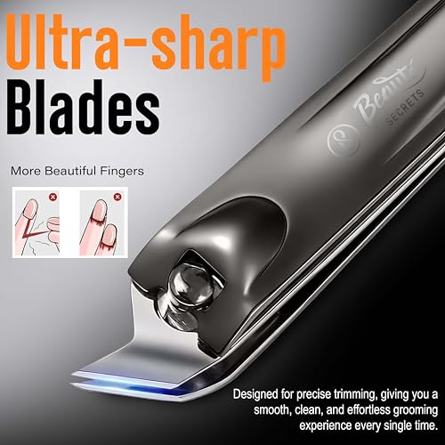 Image of Beaute Secrets Ingrown Nail Clipper with Slanted Curved Blade | Stainless Steel Toenail Cutter for Thick Nails | Angled Precision Nail Clippers for Seniors, Men & Women | Anti-Slip Grip Nail Cutter, Silver