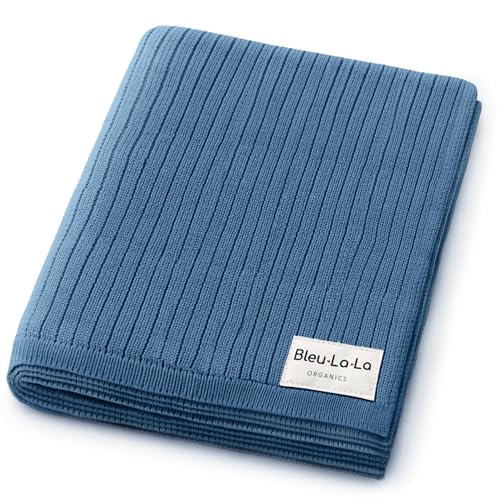 Image of Bleu La La Organic Ribbed Swaddle Blanket for Boys & Girls - 100% Luxury Organic Soft Cotton Knit Warm Cozy Cuddle Stroller Blanket for Newborns, Infants, & Toddlers (Denim Blue)
