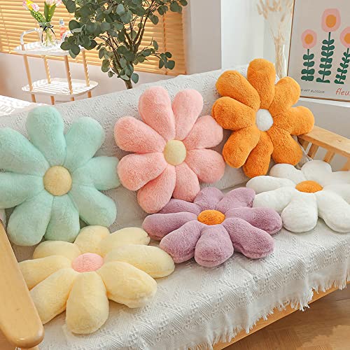 Furry Flower Pillow, Flower Shaped Throw Pillow Cute Floor Pillow Green Floor Cushion For Living Room Chair Office Seat Cushion- Cute Room Decor For Girls Teens Adults-Orange,Medium-19.5 Inch #TOP4