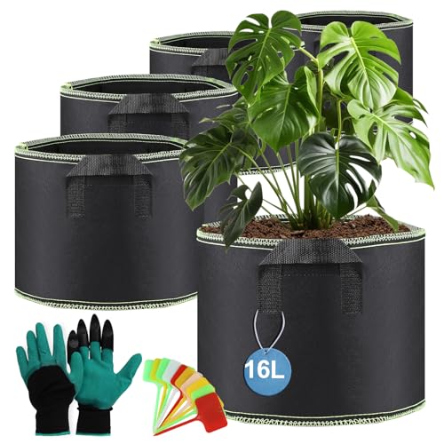 efuturetime 5 pcs. 16L Sac de Plantation Rond φ29 × 45 cm Pot en Tissu Respirant avec Poignée Panneaux Gant pour Légumes Fleurs Plantes Intérieur et Extérieur, Noir