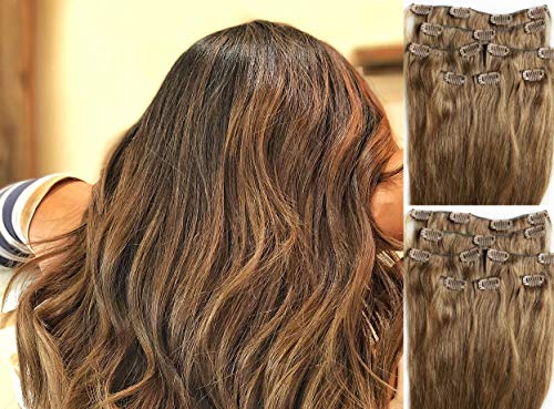 Hair Faux You 20  Clip in Hair Extensions Real Human Hair 90g Clip on for Full Head 7 pieces, 14 clips, Silky Straight Weft Remy Hair Color #10 Light Brown