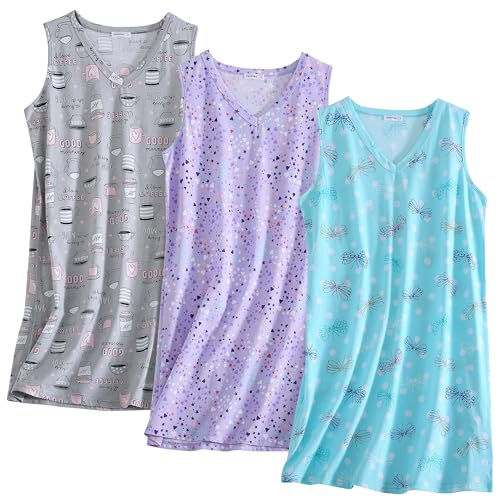 PNAEONG 3 Pack Womens Cotton Nightgown V Neck Nightshirts Sleeveless Sleepwear Casual Print Sleepdress