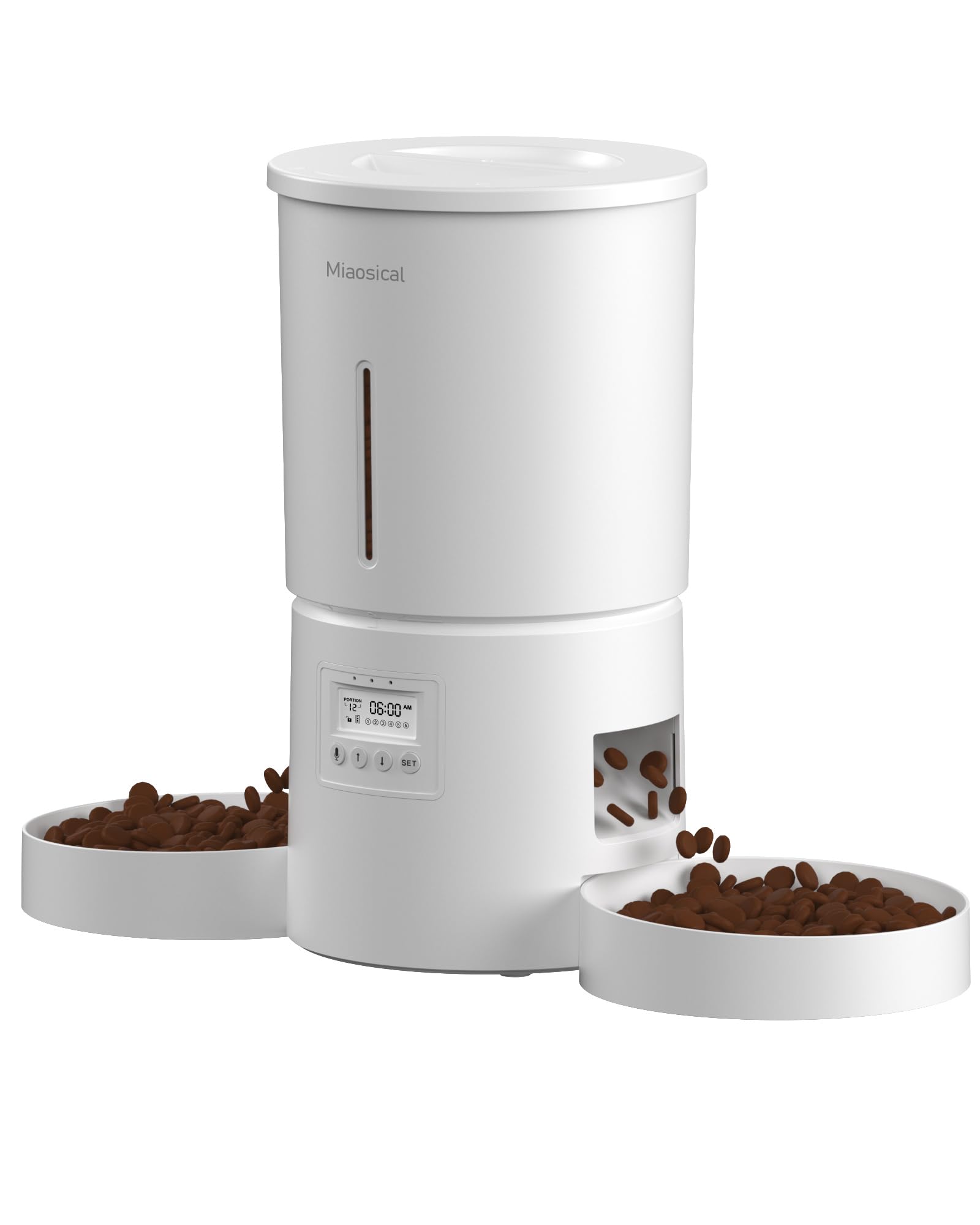 Miaosical Distributeur Croquettes Chat Automatique avec Double Bol pour 2 Chats, Chatons et Petits Chiens (Blanc, 4.2L+De Base 2 Bols)