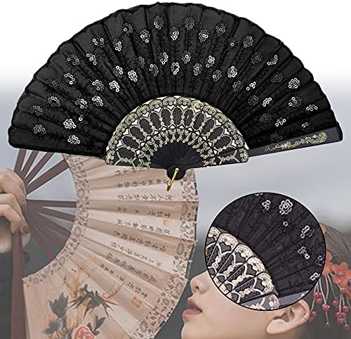 2 Pieces Peacock Pattern Sequin Fabric Hand Fan Black and White Lace Folding Fan Design Folding Hand Fans for Wall Decoration Gifts Weddings The Dance Floor