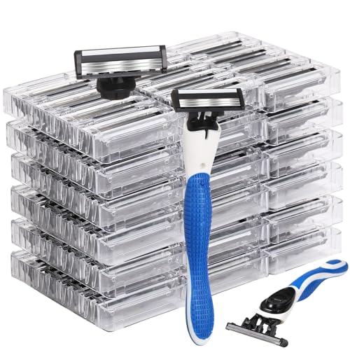Lanties 50 Pcs Refillable Three Blade Disposable Razors for Men Set Sensitive Skin Razor Travel Shave Set Shaving Gift Set, 2 Handle & 48 Cartridges