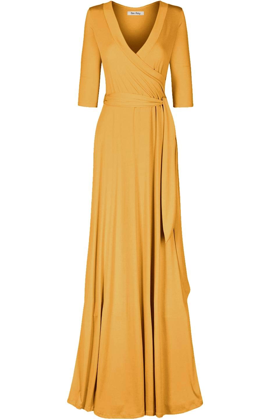 Women's 3/4 Sleeve Deep V-Neck Maxi Faux Wrap Solid Plus Size Dress
