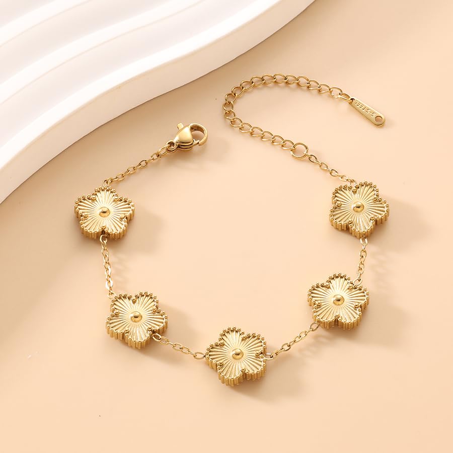 Lucky Clover Necklace Jewelry Sets,18K Gold Plated Flower Design Five Leaf Bracelet,Clover Necklace Pendant,Clover Earrings for Women Lucky, 4 Leaf Clover Necklace4