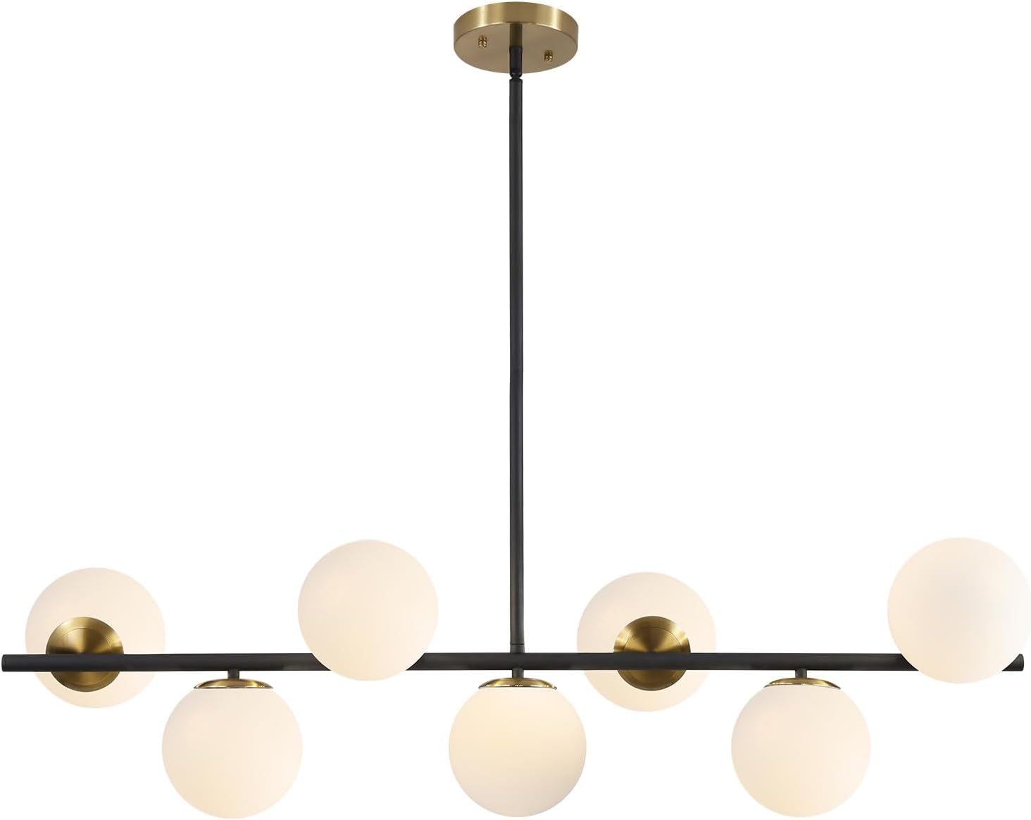 KCO Lighting Black and Brass Linear Pendant Light Mid Century Modern Sputnik Chandelier 7 Lights Milk Glass Globe Kitchen Island Pendant Lighting for Dining Room Living Room