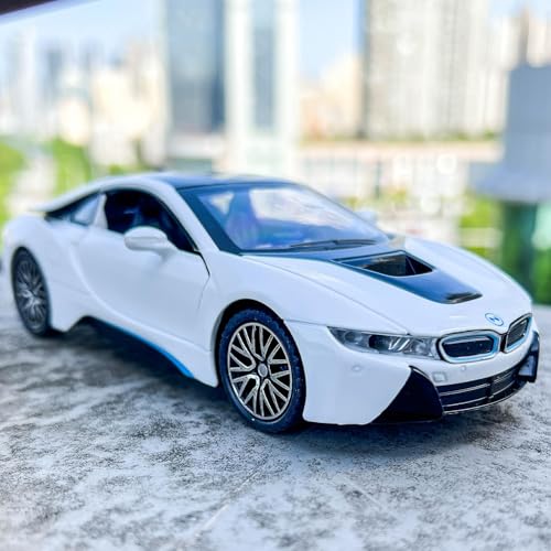 Image of 1:32 BMW i8 Diecast Toy Car Pull Back Metal Car with Openable Doors Sound & Light Features Realistic Kids Gift & Collectible Model for Boys & Girls (White)