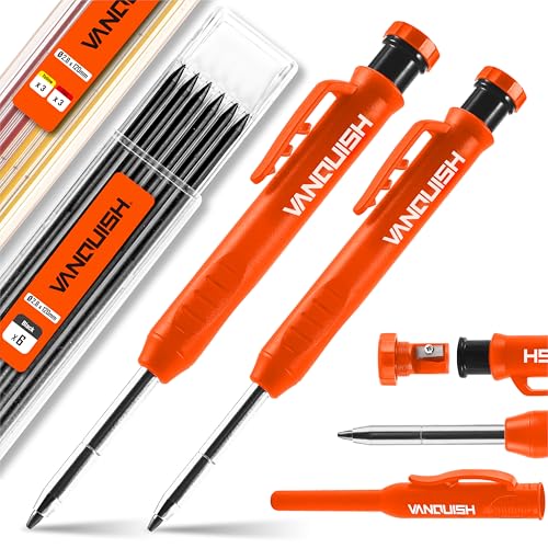 Vanquish 2 Pack Carpenter Pencil with Sharpener Mechanical Pencils Set with 14 Refills Deep Hole Marker Construction Heavy Duty Woodworking Pencils Black 4051