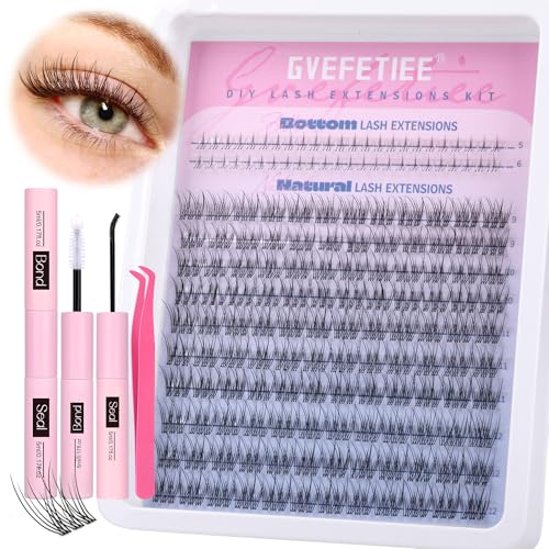 Natural Cluster Lashes Kit DIY Lash Extensions Kit 5-12mm Eyelash Clusters with Bottom Lashes Kit Wispy Individual Lashes Kit Eyelash Extension Kit with Lash Bond and Seal Tweezers by GVEFETIEE