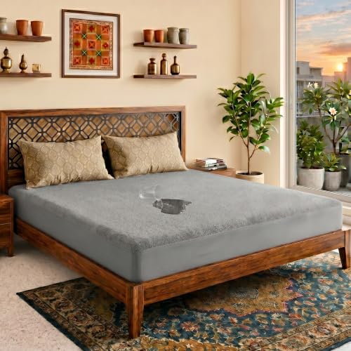 Image of Lithara Terry Cotton Fitted Mattress Protector for King Size Bed | Waterproof & Elastic Band | Ultra Soft & Hypoallergenic Mattress Cover | Size : 72 x 75 Inches (6 x 6.25 Feet) | (Greyish)
