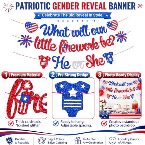 Image of What Will Our Little Firework Be He or She Banner 4th of July Garland | Independence Day Gender Reveal Party Decorations Red White & Blue Patriotic Baby Shower Party Supplies