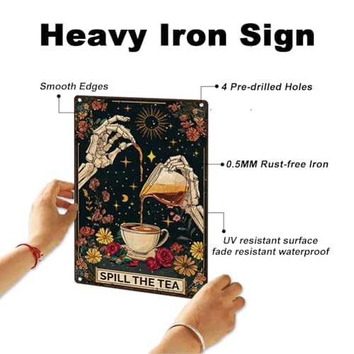 DOODLREAM Metall Blechschild Mit Tarot Skelett Retro Wanddekoration 20 x 30cm Spill The Tea Vintage Wandkunst Poster Für Zuhause Kaffeezimmer Badezimmer Dekoration Geschenk