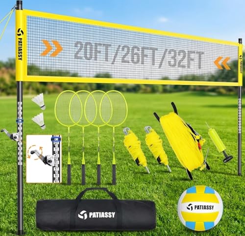 Volleyball Badminton Net Set Combo for Backyard Beach, 2-in-1 Adjustable Net with 4 Heights (5.1–8FT) & 3 Widths (20–32FT), 4 Aluminum Rackets, Goose Feather Shuttlecocks, Volleyball & Carrying Bag
