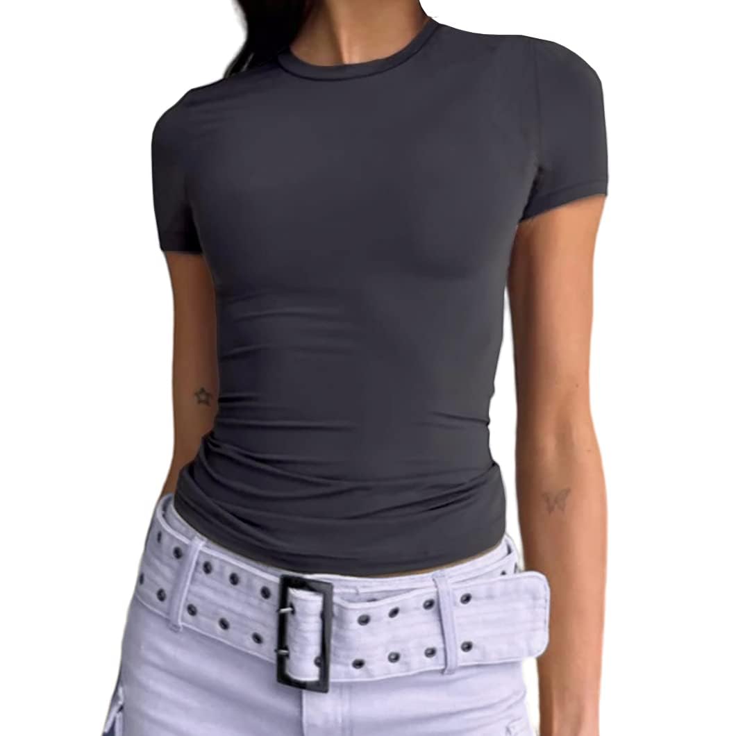 Cuptacc Tshirt Damen Rundhals T-Shirt Eng Damen Basic Y2k Top Einfarbig Shirt Kurzarm