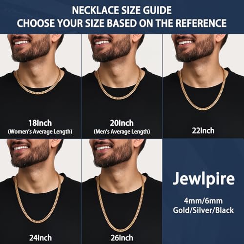 Jewlpire Silver/Black/Gold Chain for Men, Cuban Link Chain Necklace for Men Women, 4mm/6mm Mens Necklace 18K Gold Plated/316L Stainless Steel Mens Chains Necklaces 18/20/22/24/26 Inch4