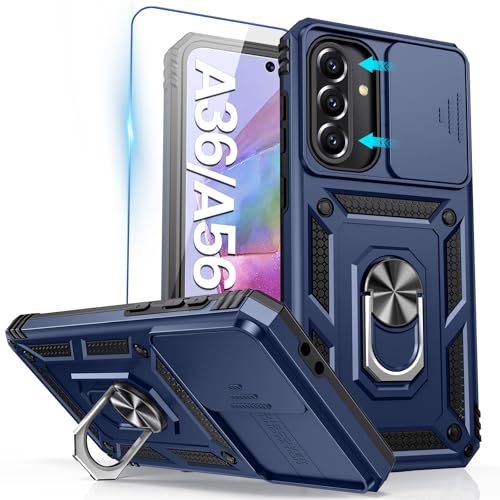 Goton Compatible with Samsung Galaxy A36 A56 5G Case with Camera Cover & Kickstand Ring with Tempered Glass Screen Protector, Military Grade Shockproof Protective Bumper Cover Blue