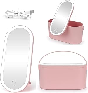 Makeup Organizer Box with LED Lighted Mirror, 3 Colors Lighted Makeup Bag with Touch Mirror Rechargeable Travel Cosmetic Organizer Light Makeup Storage Case (Pink)