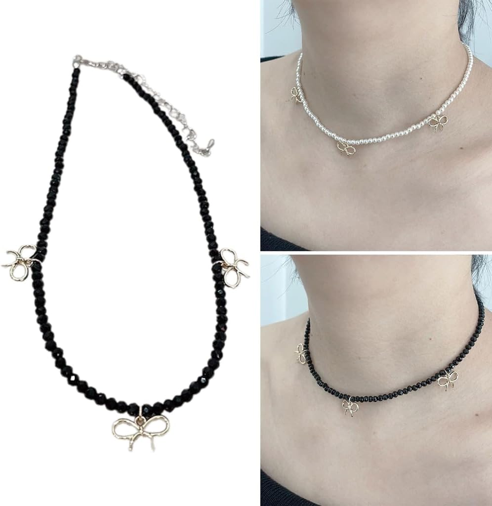 Necklace Simple Bowknot Charm Collar Clavicle Chain Crystal Beaded Choker Statement Jewelry