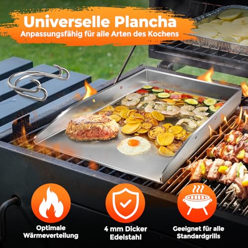 Grillplatte Plancha Geschenke für Männer Frauen, mit 2 Grillspachtel Set, 4mm Dickem Edelstahl BBQ mit Abnehmbar Griffen, für Gasgrill und Holzkohlegrill 40 x 30 x 4 cm,