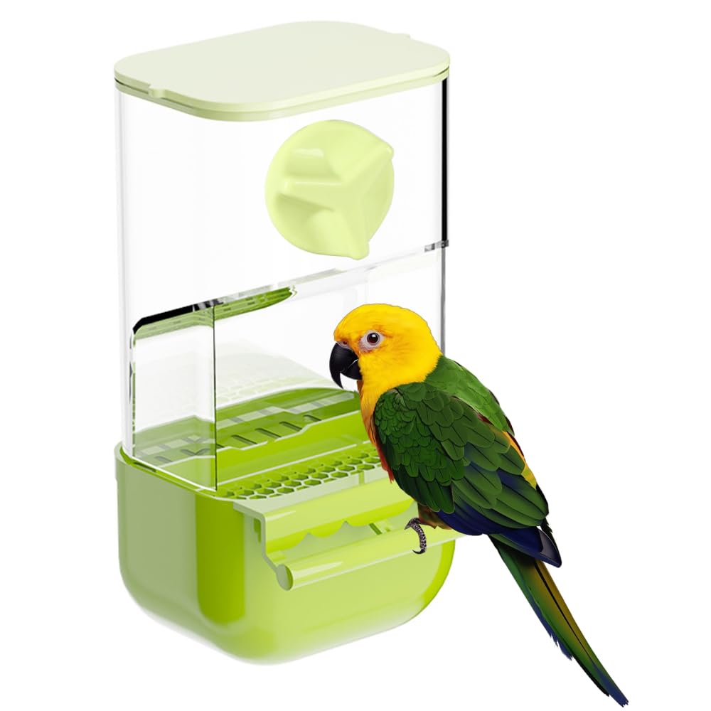 Automatic Bird Cage Feeder, Parrot Seed Feeders with External Perch & Anti-Spill Design, Food Dispenser for Parakeet Canary Cockatiel Finch
