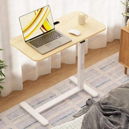 Image of Lukzer MST-002 White Frame Brown Oak Top Overbed Table with Wheels | Adjustable Height Laptop Desk for Bed & Sofa | Rolling Bedside Table for Home, Hospital & Office (40x80x95 cm)