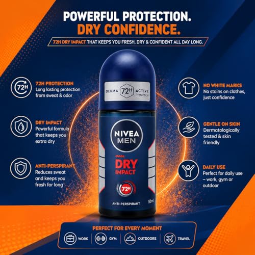 Image of Nivea Men Dry Impact 72H Anti-Perspirant Roll-On 50ml | Powerful Sweat Control & Odor Defense | Fresh Masculine Fragrance Daily Deodorant for Men