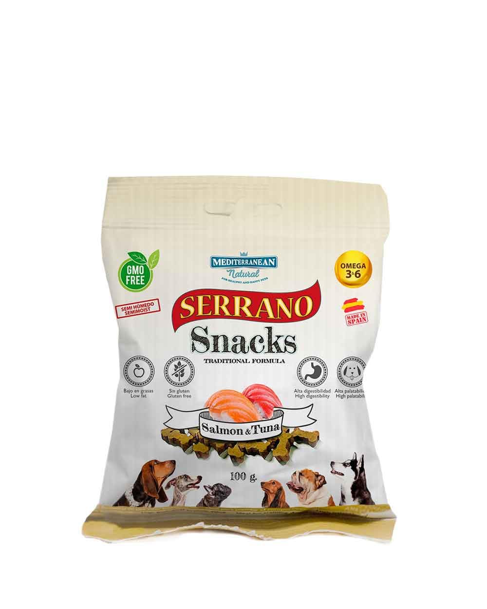 Serrano Snacks de Mediterranean NATURALPARA para Perros 12X100 GR (Salmón y Atún, 12x100gr)