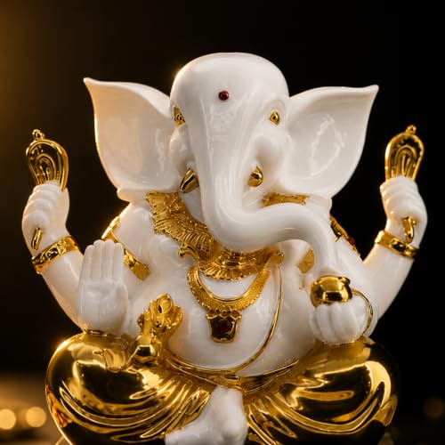 Image of Premium Lord Ganesha Statue - White & Gold Ceramic Ganpati Idol - Luxury Hindu God Figurine for Home Decor, Pooja Mandir, Office, and Auspicious Gifting