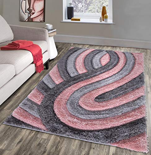 NEW BLUSH ROSE PINK GREY SILVER SILKY SOFT SHAG PILE RUG SWIRL DESIGN CONTEMPORARY SHAGGY MAT (80X150CM)