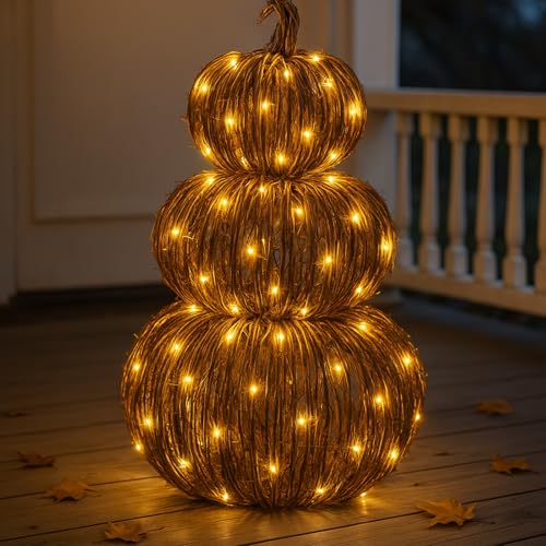 Geelin 20 Inch Lighted Wicker Pumpkin Porch Decor Set, Handwoven Rattan Autumn Vine Fake Pumpkins with Warm White Waterproof LED String Lights, Rustic Fall Halloween Thanksgiving Outdoor Decoration